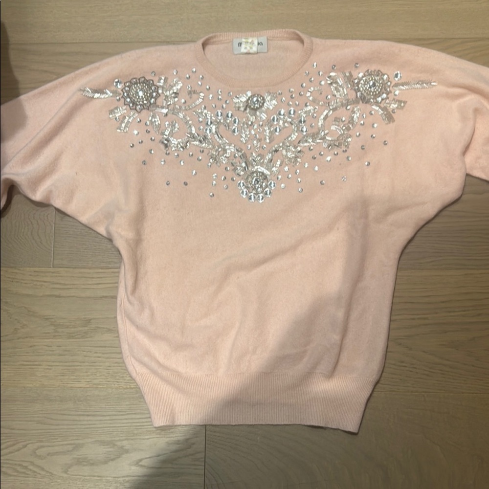 Magnolia Pink Crew Neck Sweater with Glittery Embellishments